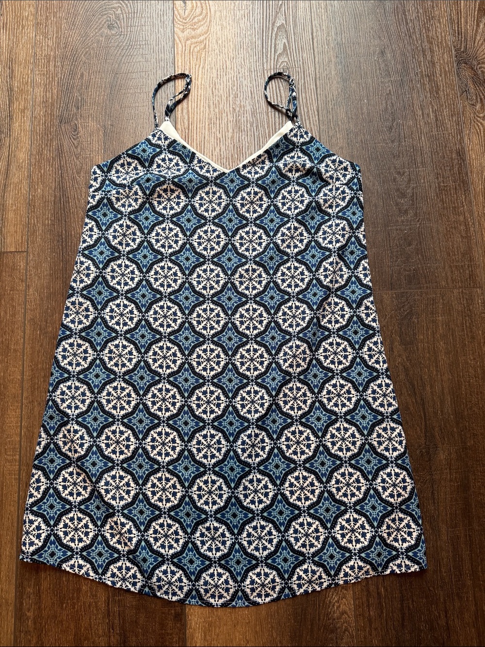 Lulu's Blue & White Geometric Spaghetti Strap Mini Dress